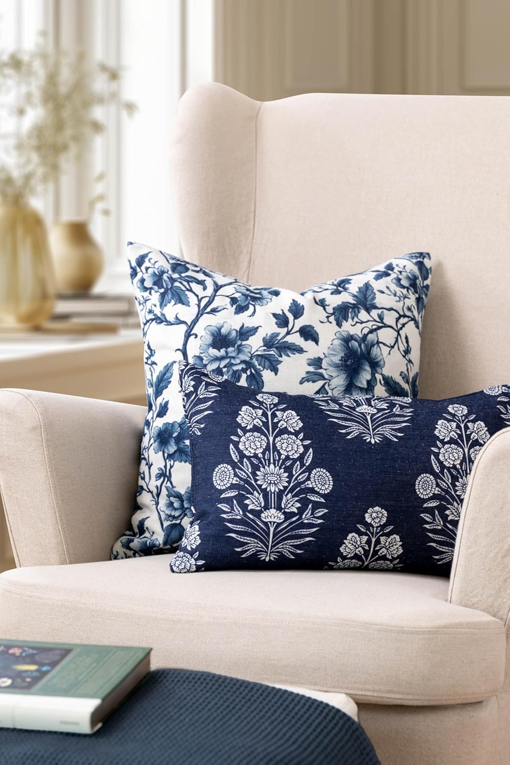 Crumbs Home California Casual Coastal Indoor Outdoor Throw Pillow Cover, 20"x20" Water Repellent for Patio, Backyard, Couch, Poolside, Dark Navy Print Vintage Chinoiserie Floral