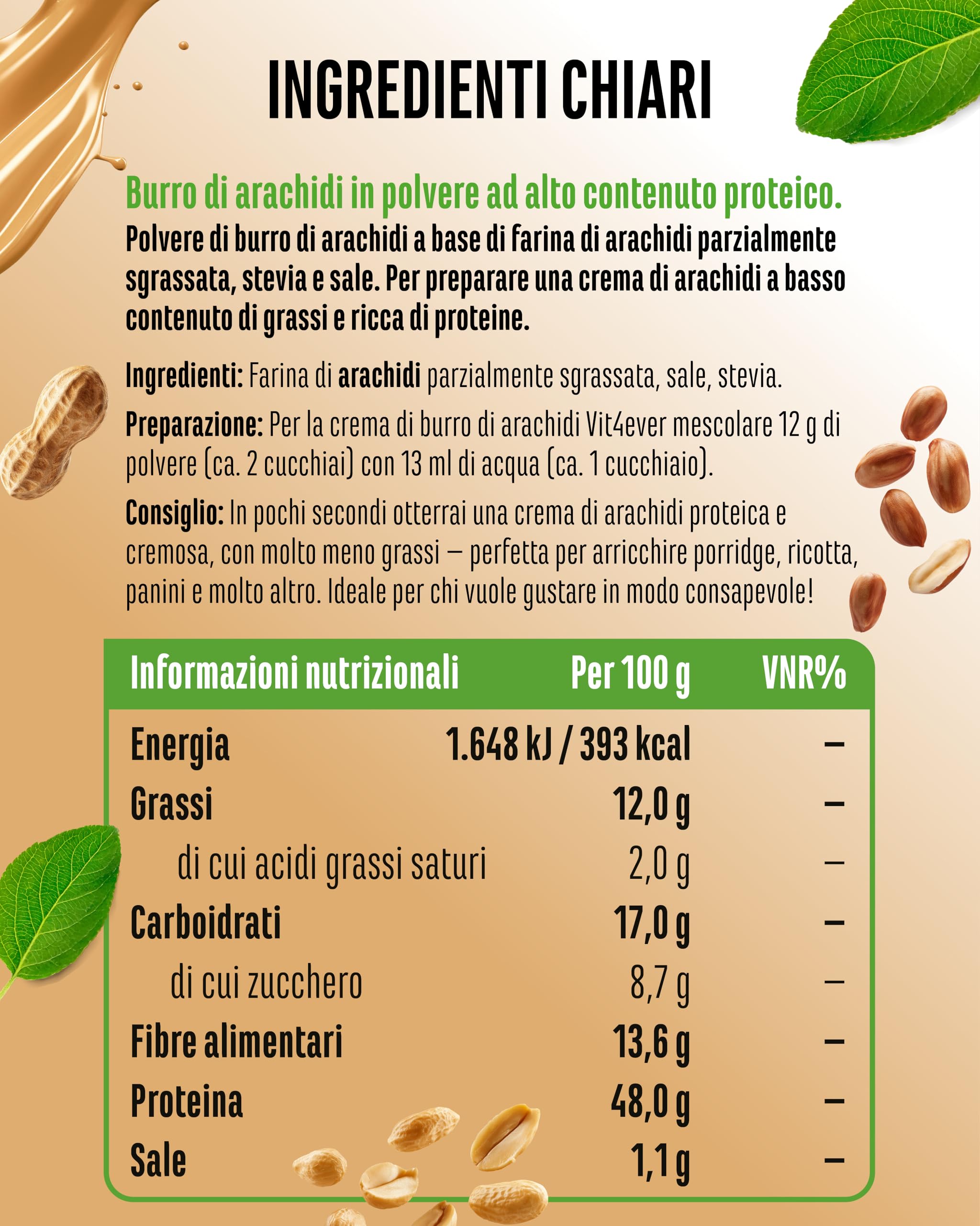 Burro di arachidi light in polvere 500g - Burro di arachidi in polvere 85% di grassi in meno, senza zucchero - Crema di burro di arachidi dal sapore delizioso - Vit4ever