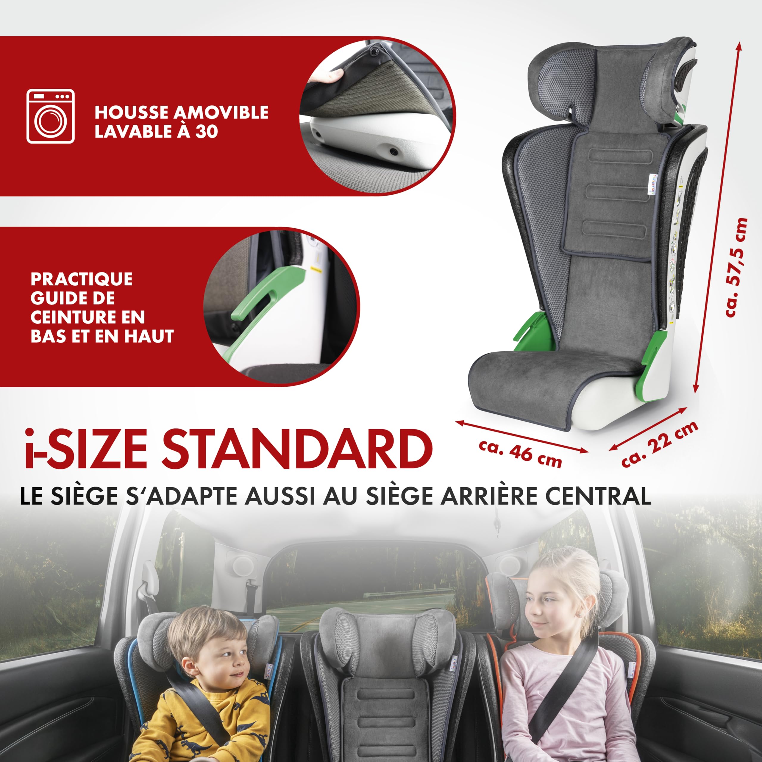 WALSER Premium Siège auto Noemi, ECE R129 Rehausseur de siège auto enfants 100-135 cm (env. 3-8 ans), place enfant pour les voitures avec/sans i-Size, place voiture taille 57x46x22 cm Anthracite