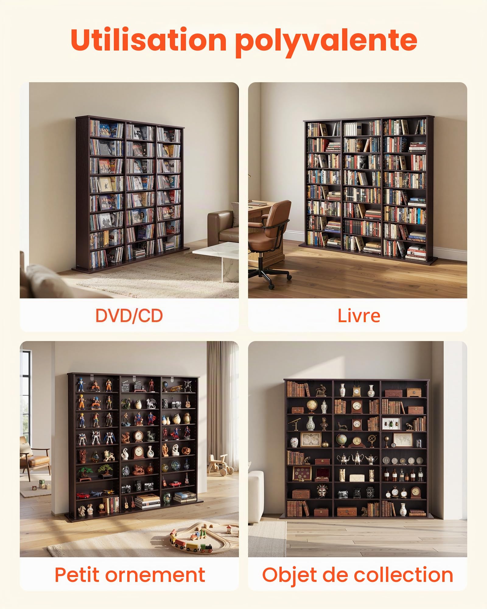 VEVOR Bibliothèque Étagère, Meuble de Rangement Multimédia à 8 Niveaux 70x30x140 cm, Armoire Bibliothèque pour CD, DVD, Livres, Jeux, Collections, Étagères Réglables pour Bureau Chambre Salon Marron