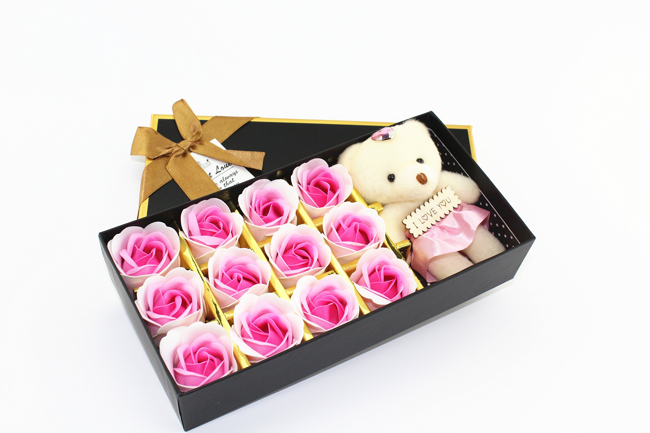12Pcs Scented Bath Soap Rose Flower Petal With Little Bear and I Love You for Wedding Party Gift (Light Pink)