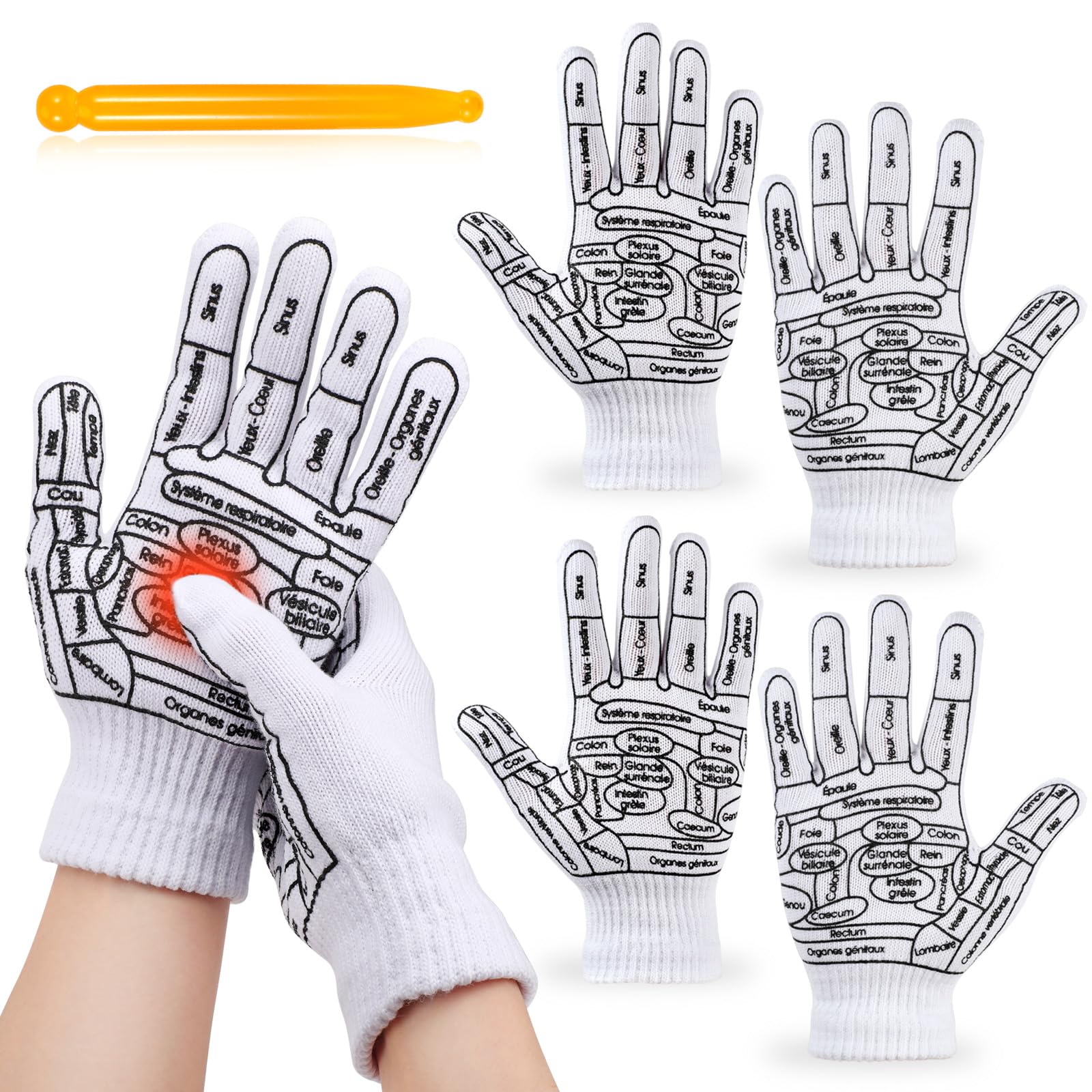 Vspek 2 Pairs Acupressure Reflexology Gloves Set Reflexology Tools Hand Massage with Point Massager with Massage Tool, Hand Spa Reflexology Gloves for Women Tired Relieve, White
