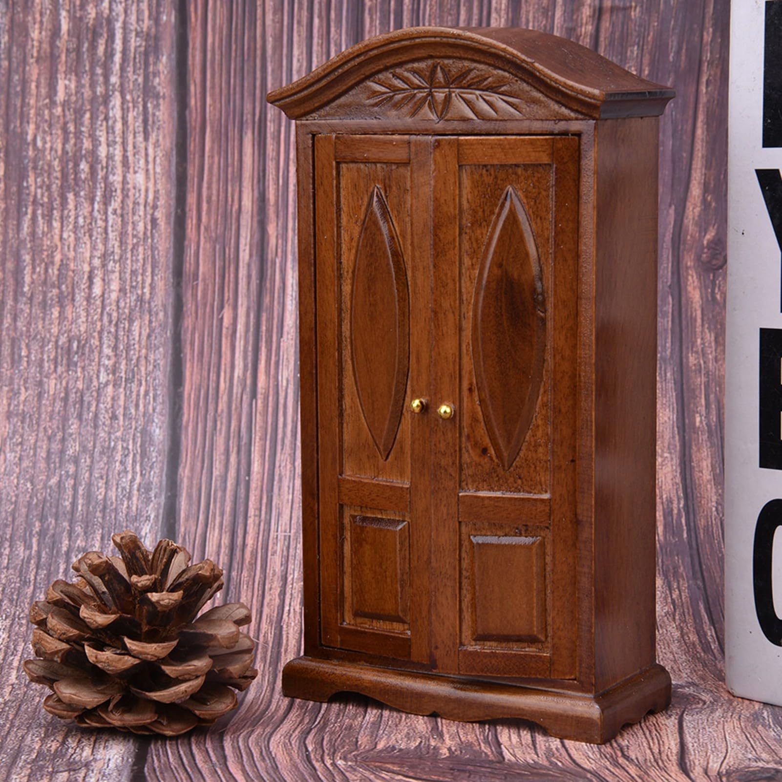 Fafeicy 1/12 Scale Mini Vintage Wooden Double Door Closet Wardrobe Dollhouse - Image 3