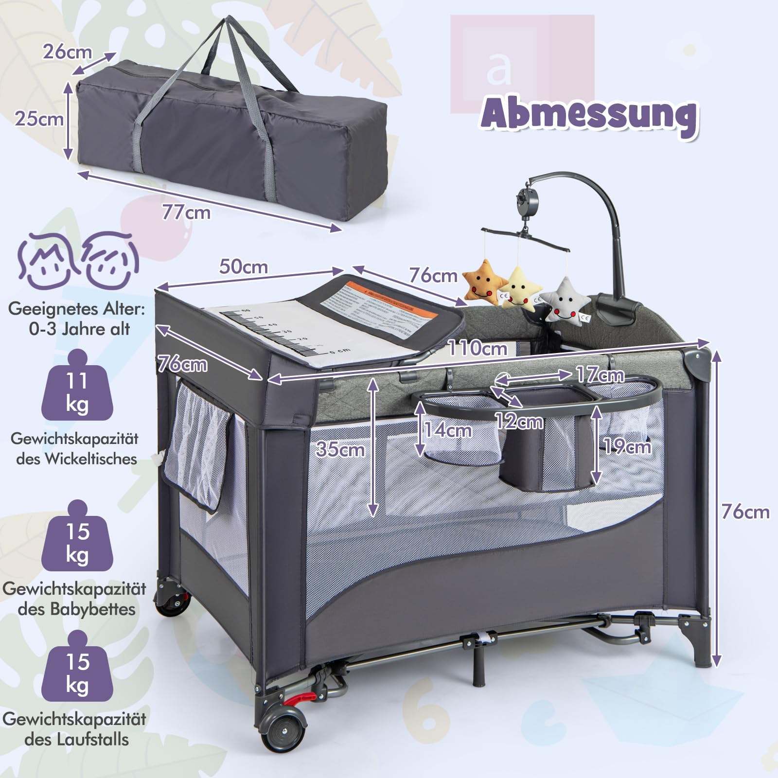 COSTWAY 5 in 1 Babybett, Reisebett Baby mit Matratze, Beistellbett höhenverstellbar mit Wickeltisch, Sicherheitsgurt, Spieluhr & Hängespielzeug, Stubenwagen Babywiege mit Rollen für Kleinkinder, Blau