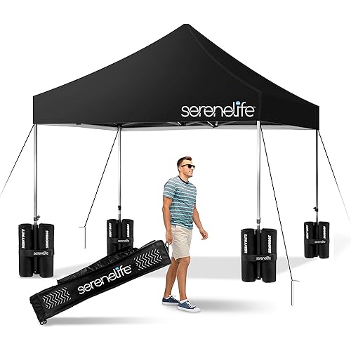 Pop Up Canopy Tent 10x10 - Commercial Instant Shelter Foldable/Collapsible Sun Shade Canopy Pop Up Tent w/Waterproof UV Resistant Tent Top, Portable Carry Bag & Sand Bag - SereneLife SLGZ10BA (Black)