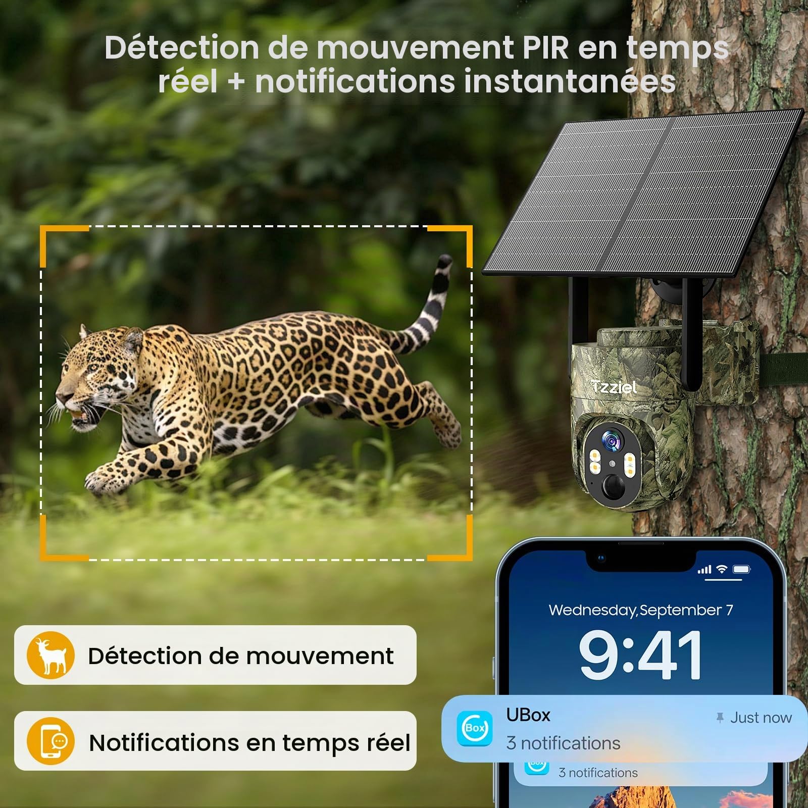 4G caméra de sécurité extérieure sans Fil à énergie Solaire,2K Solaire PTZ 4G avec Carte SIM（sans WiFi）, Détection Humaine PIR, Batterie 10400 mAh, Cloud TF, Audio Bidirectionnel, Etanche IP66