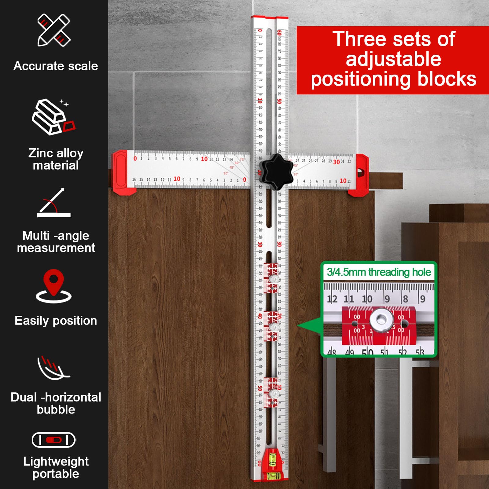 Polegas 4-in-1 Drilling Positioning T Square, Adjustable Woodworking Angle Tool - Image 3