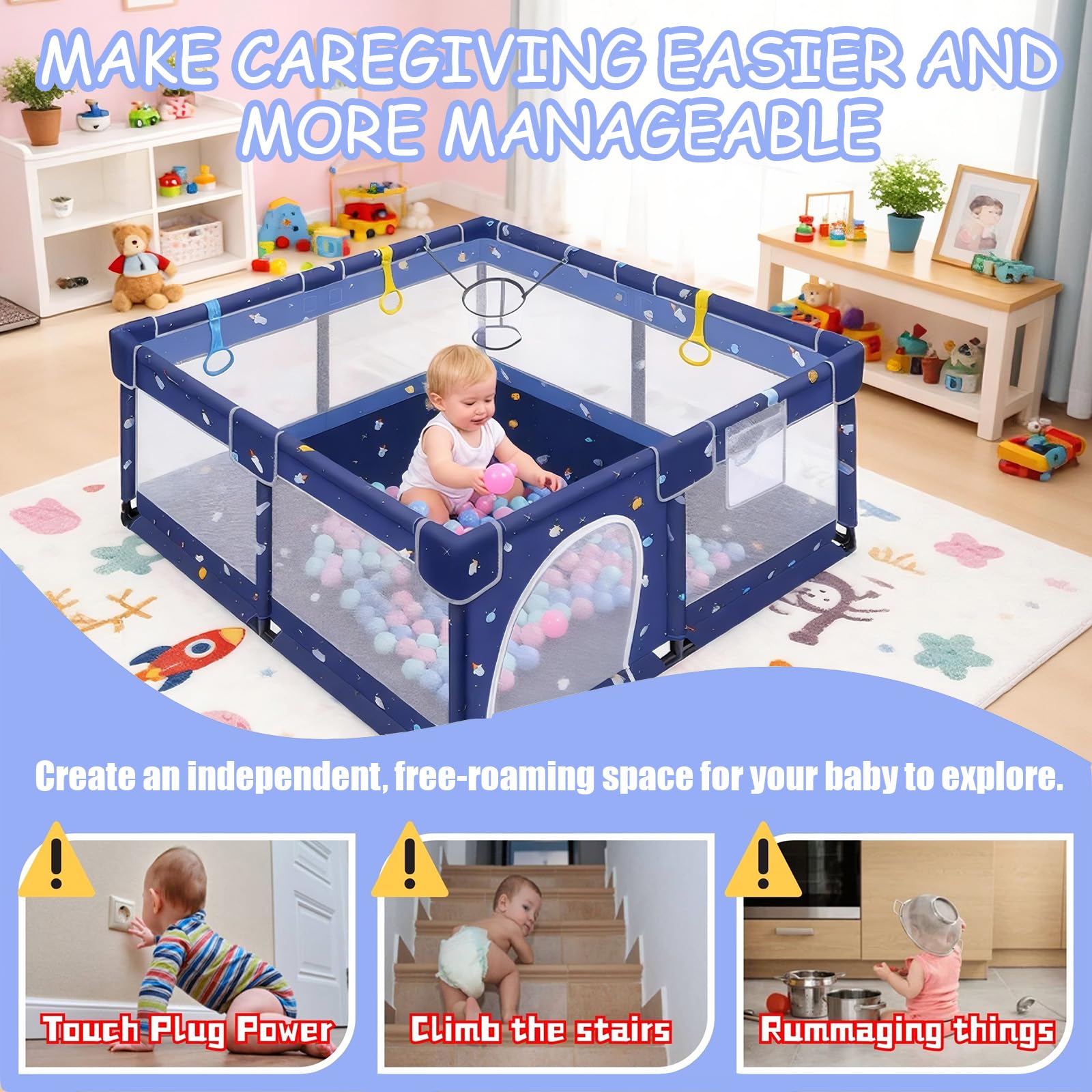 Verdego Laufstall Baby 130 x 130 x 66 cm, Laufgitter Baby, Laufstall Faltbar mit Zugringen, Bällen, 210D Oxford, Atmungsaktivem Netz, Sicherheitsspielplatz Schutzgitter für Kinder (Tiefblau)