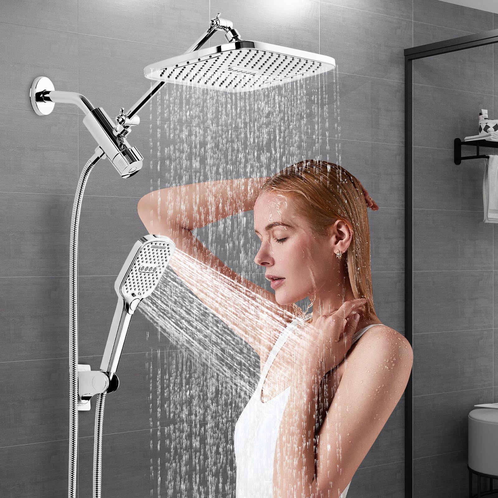 Rain Shower Head with Handheld Shower Head 12" Rainfall Shower Head with Hand Combination 11" Stainless Steel Extension Arm with Height and Angle Adjustable High Pressure Shower Heads, Chrome