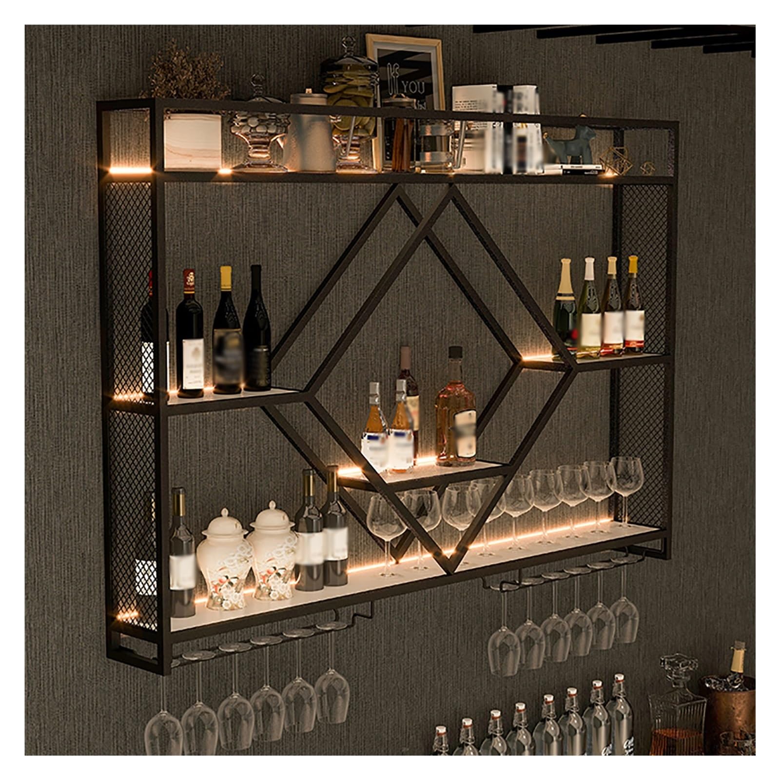 Support à bouteilles mural en métal à 3 niveaux et étagère de bar flottante pour la maison