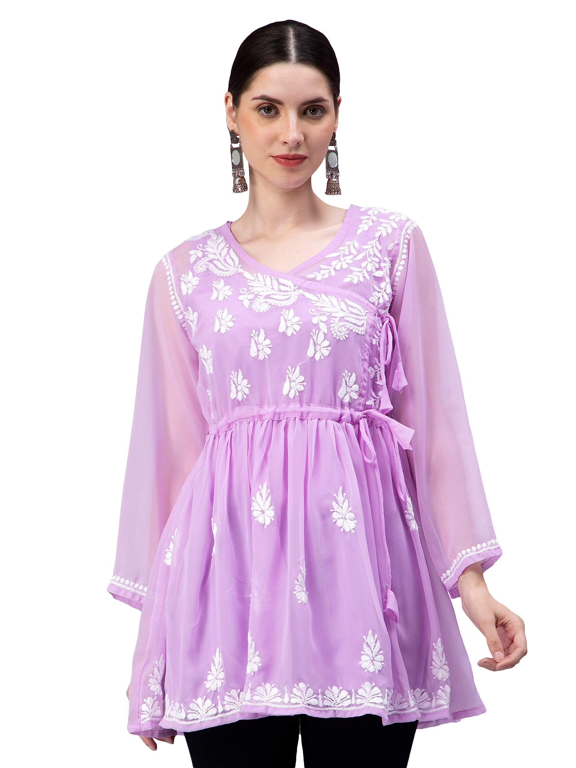 Seva ChikanHand Embroidered Lucknowi Chikankari Light Blue Angarkha Georgette Women Short Top & Tunic with Slip SCL9064