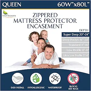 Super Deep Pocket Mattress Encasement - Queen - Zippered Bedbug Waterproof Protector for Very Deep Mattresses 20-24 inch Depth
