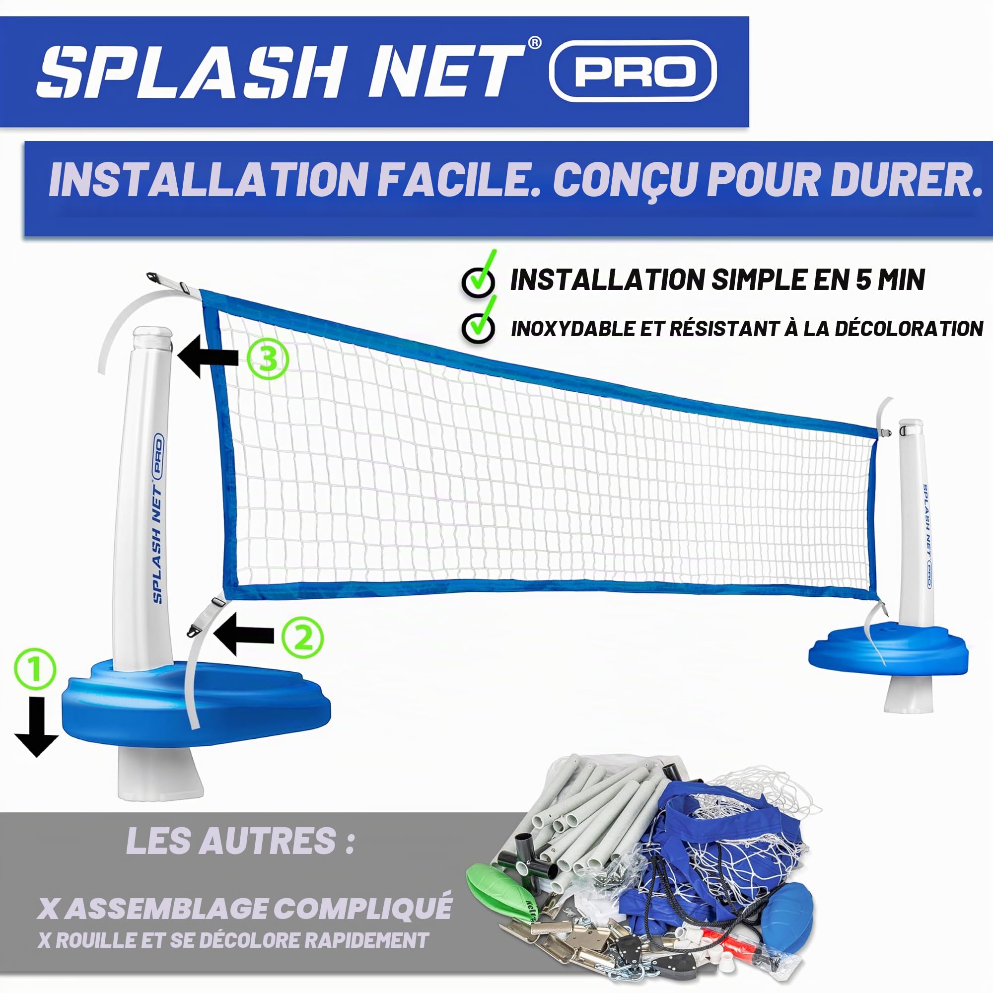 GoSports Splash Net Pro Filet de Volleyball pour Piscine avec 2 Ballons et Pompe, Blanc, Rouge, Bleu
