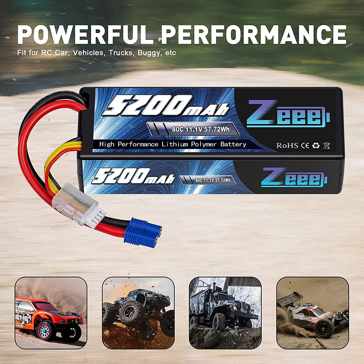 Zeee 3S Lipo 5200mAh 11.1V 80C – Batterie RC Coque Rigide XT60, Lot De 2
