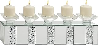 Deco 79 Glass Pillar 5 Plate Candle Holder with Mirrored Accents and Crystals, 24
