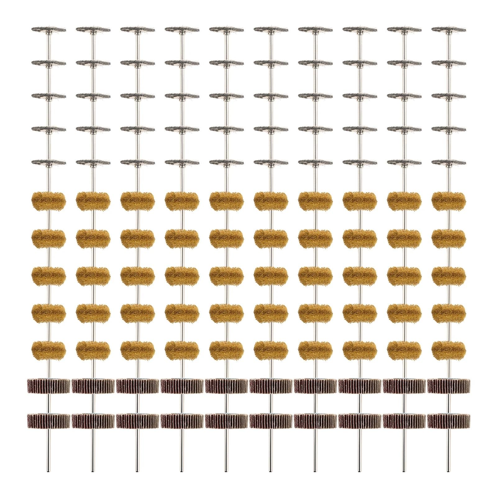 120 piezas/kit de aleta abrasiva grano 80 + pulido + juego cepillos alambre 25mm para herramienta rotativa vástago redondo 1/8"