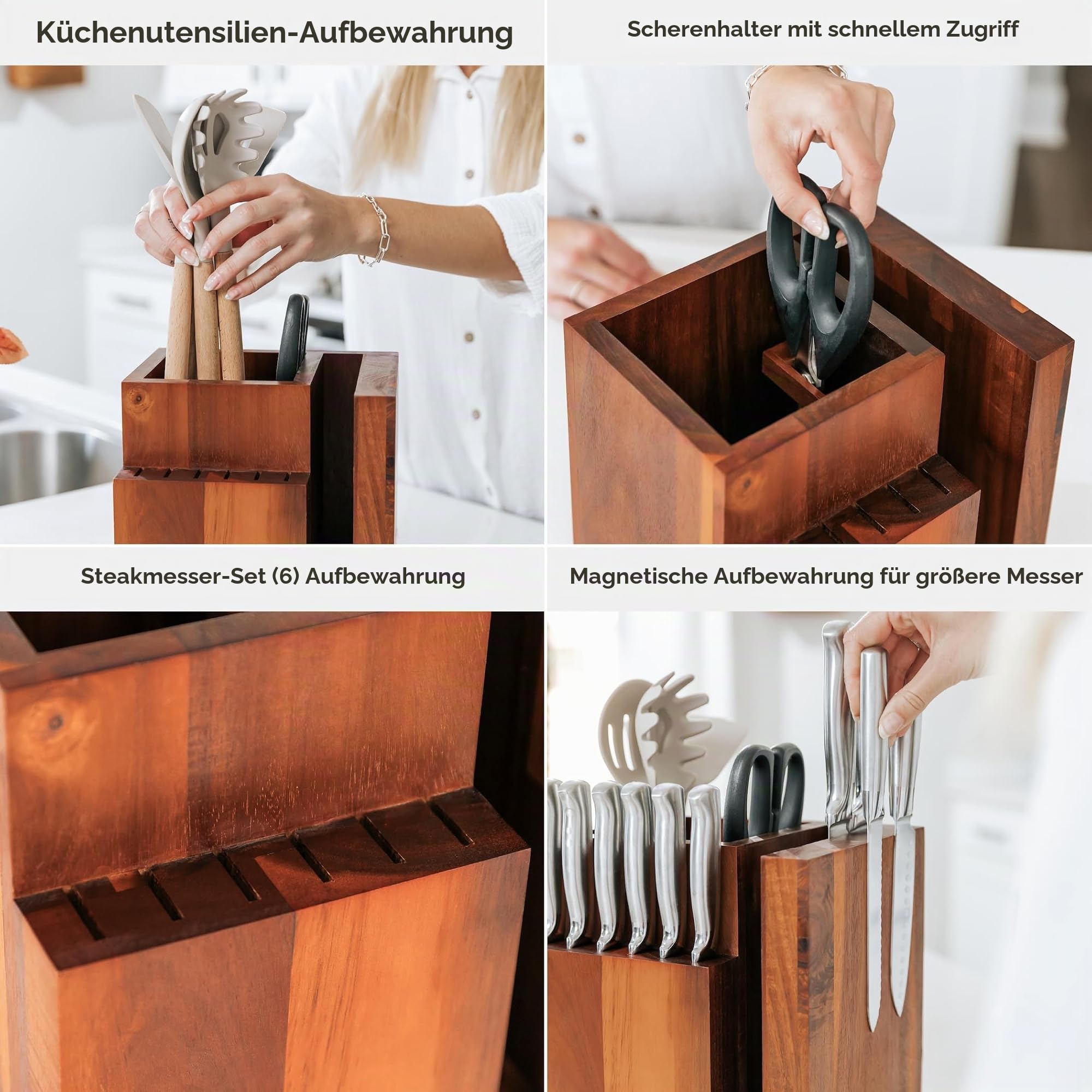 KitchenEdge Magnetischer Akazienblock für Messer und Küchenutensilien, elegante Aufbewahrung für Kochmesser, Steakmesser, Spatel, Schere, rutschfeste Gummifüße