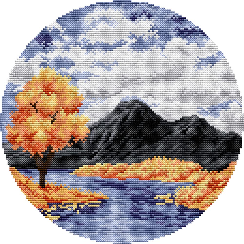 Awesocrafts Autumn Cross Stitch Stamped Kits River Valley Four Seasons Easy Patterns Cross Stitching Embroidery Needlework Kit Supplies (Autumn)