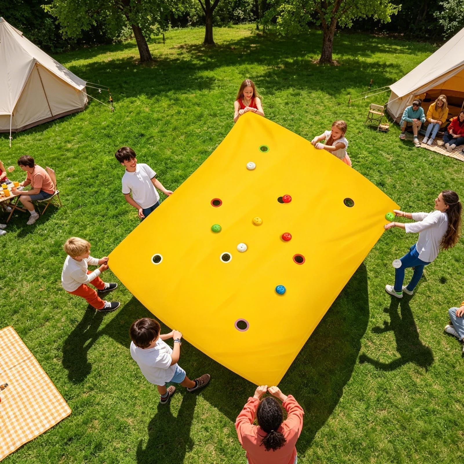Giochi di Team Building - Asciugamano con fori e 8 palline, giochi di gruppo, per riunioni di famiglia, feste, spiaggia, cortile, all'aperto, scuola, casa