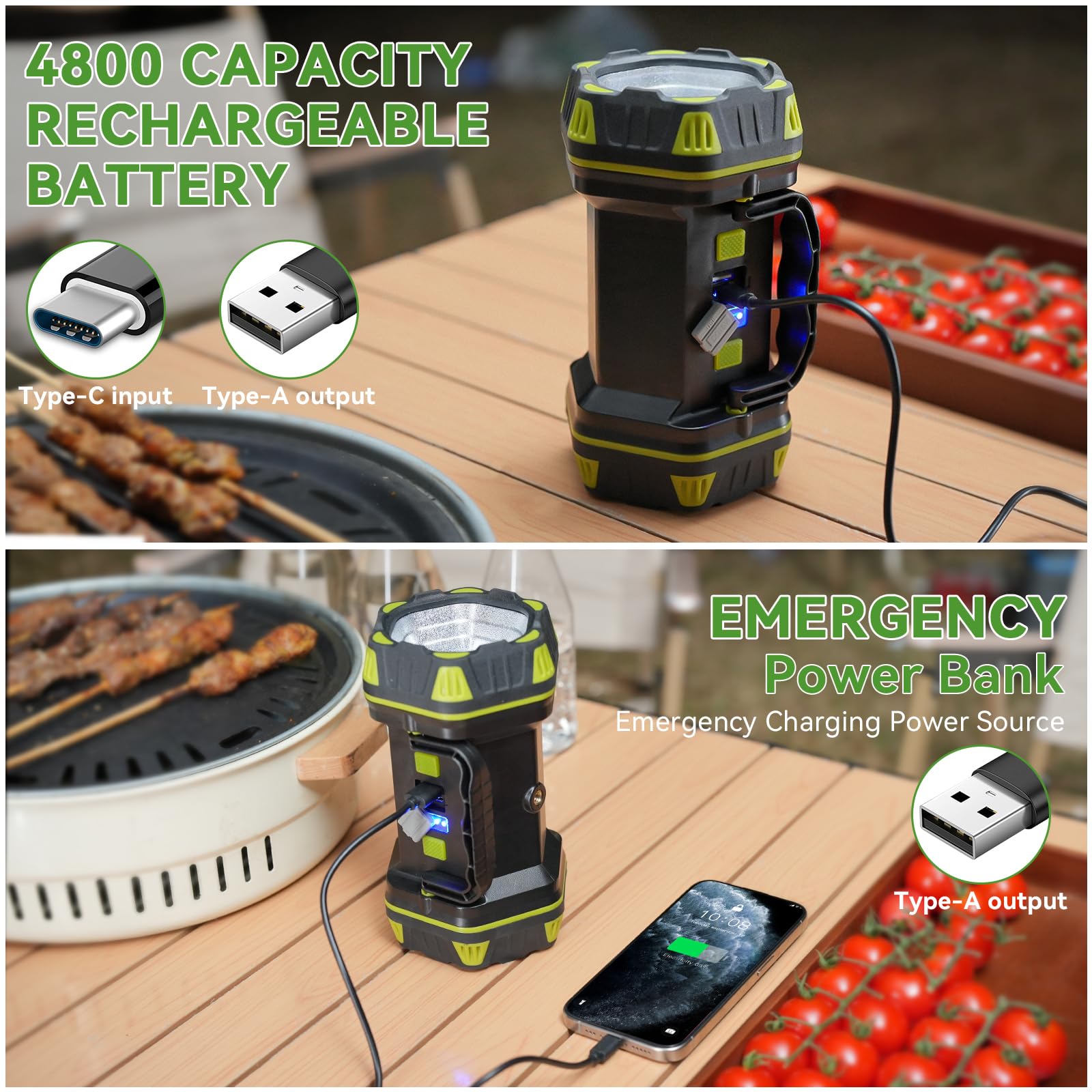 Linterna de camping recargable, paquete de 2 linternas LED de camping con 1200 lm, capacidad de 4800, luz de camping portátil, 4 + 4 modos para emergencia, senderismo, cortes de energía y pesca