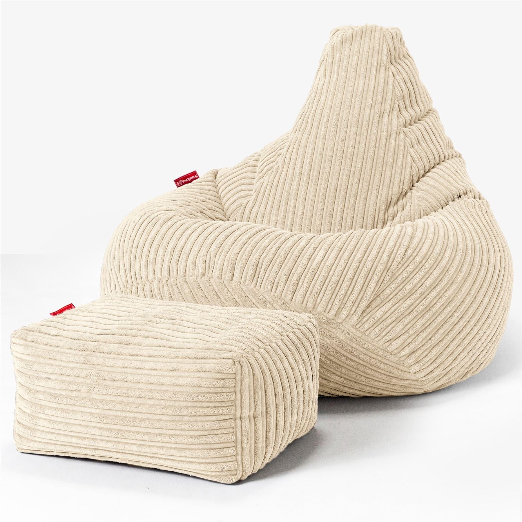 Lounge Pug Cord Highback Bean Bag Chair and Footstool - Gaming Recliner Bean Bags for Adults - Cream
