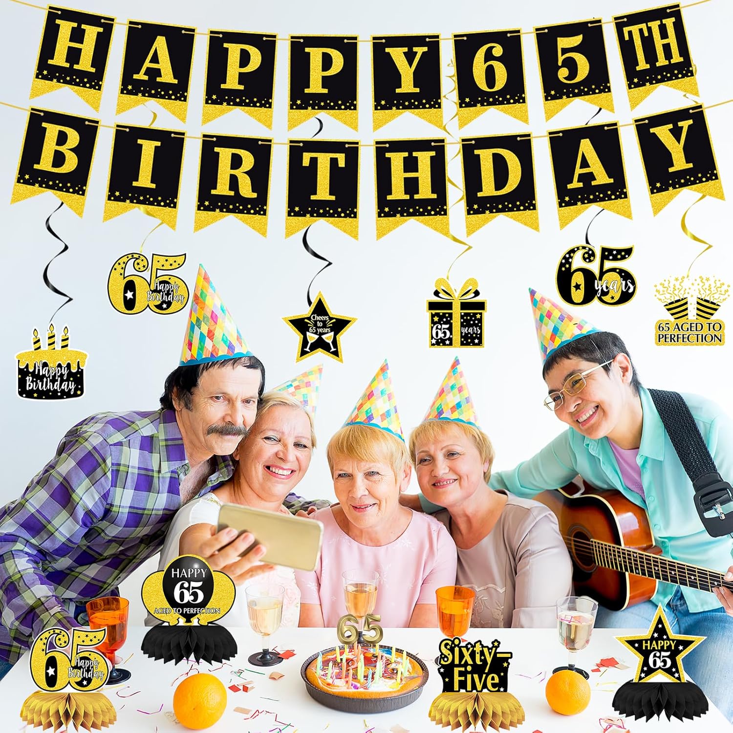 Trgowaul 65th Birthday Decorations for Men Women, 22pcs Black Gold Birthday Party Supplies, Banner, Hanging Swirl Flag, 65th Sash&Pompoms, Balloons, 65 Year Old Party Decorations Set
