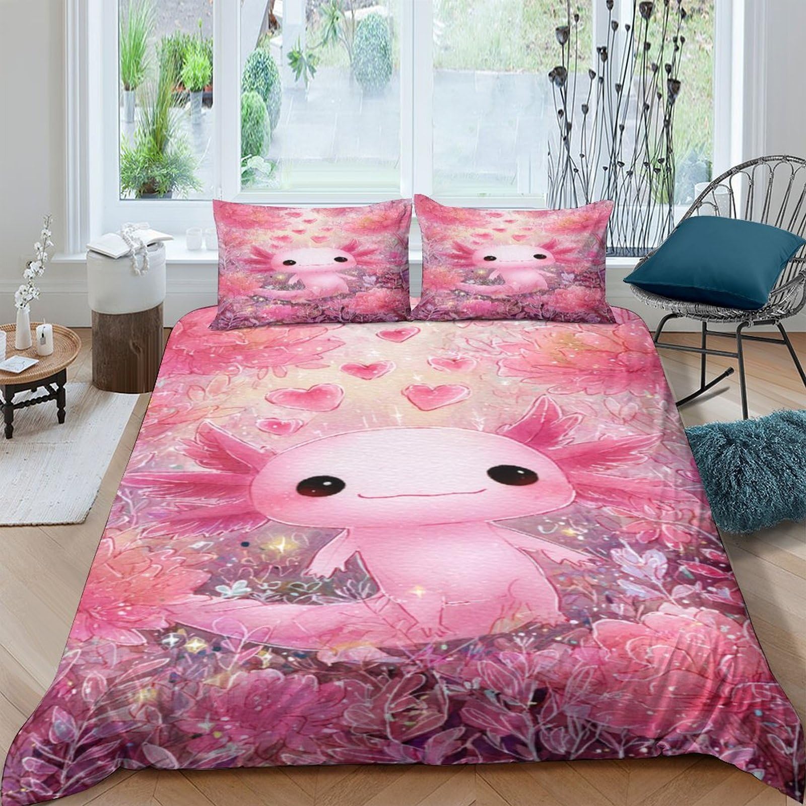GPLZQXKJNH 3D Printed Pink Axolotl Duvet Cover Microfiber Soft Breathable Fantasy Bedding Set with 2 Pillowcases for Bedroom Decor Single（135x200cm）