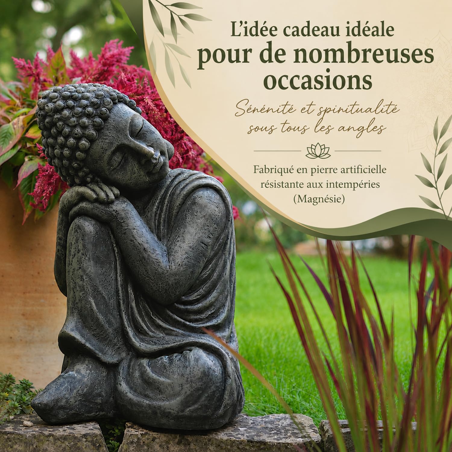 Bouddha de Jardin 44 cm Endormi – Statue Bouddha Aspect Pierre Gris – Déco Figurine Décorative pour Jardin, Terrasse & Balcon