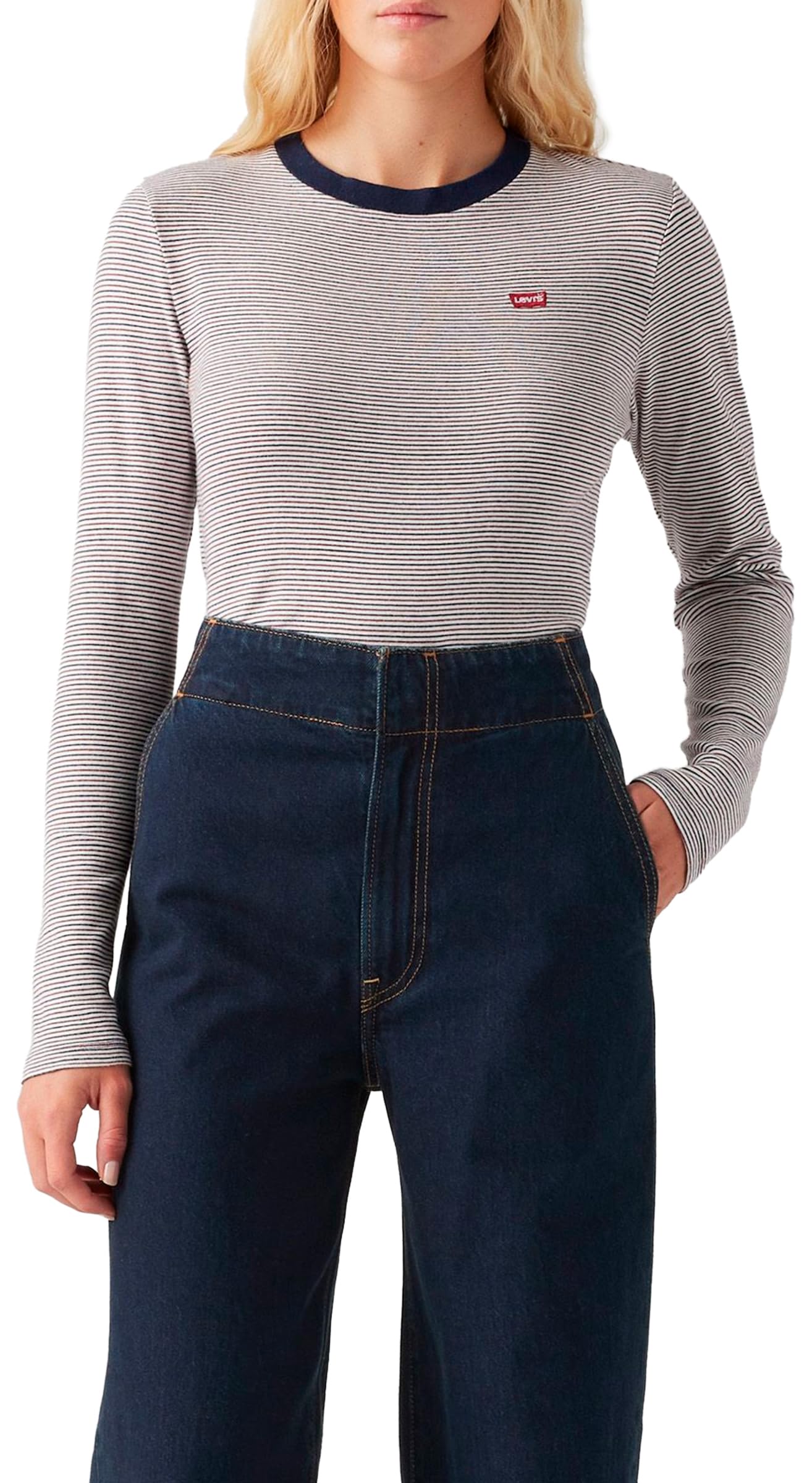 Levi's Women's Essential Hm LS Tee T-Shirt, Turmeric Stripe Navy, XS