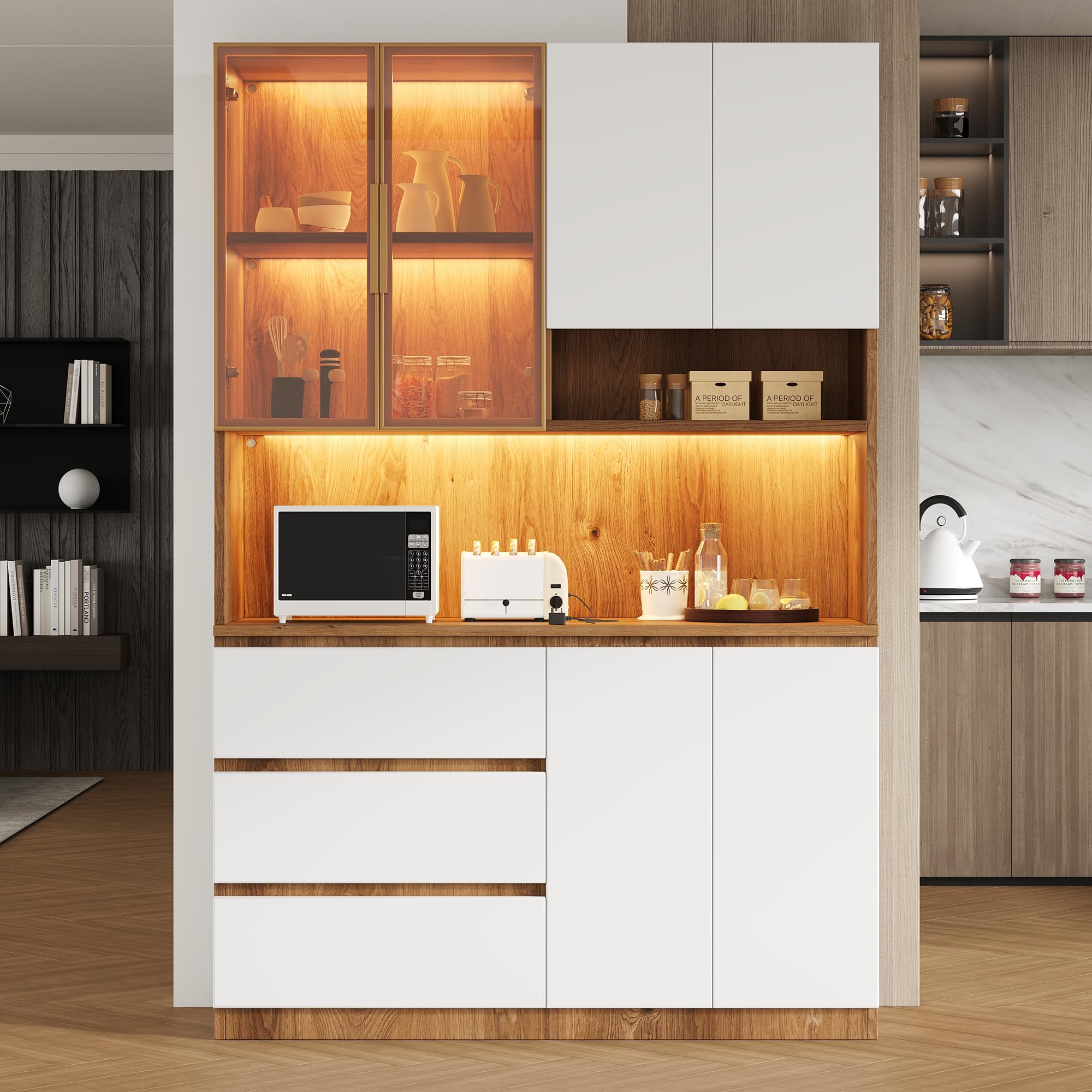 Armadi da cucina, vetrine da cucina con illuminazione a LED, armadi multifunzionali con 3 cassetti, 6 ante e ripiani per riporre stoviglie, forno a microonde. Dimensioni: 120,5 × 40 × 180 cm