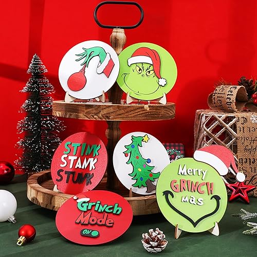 Whaline 6 carteles de Navidad con diseño de personajes de dibujos animados 3D letrero de madera redondo con caballete para decoración de bandeja de