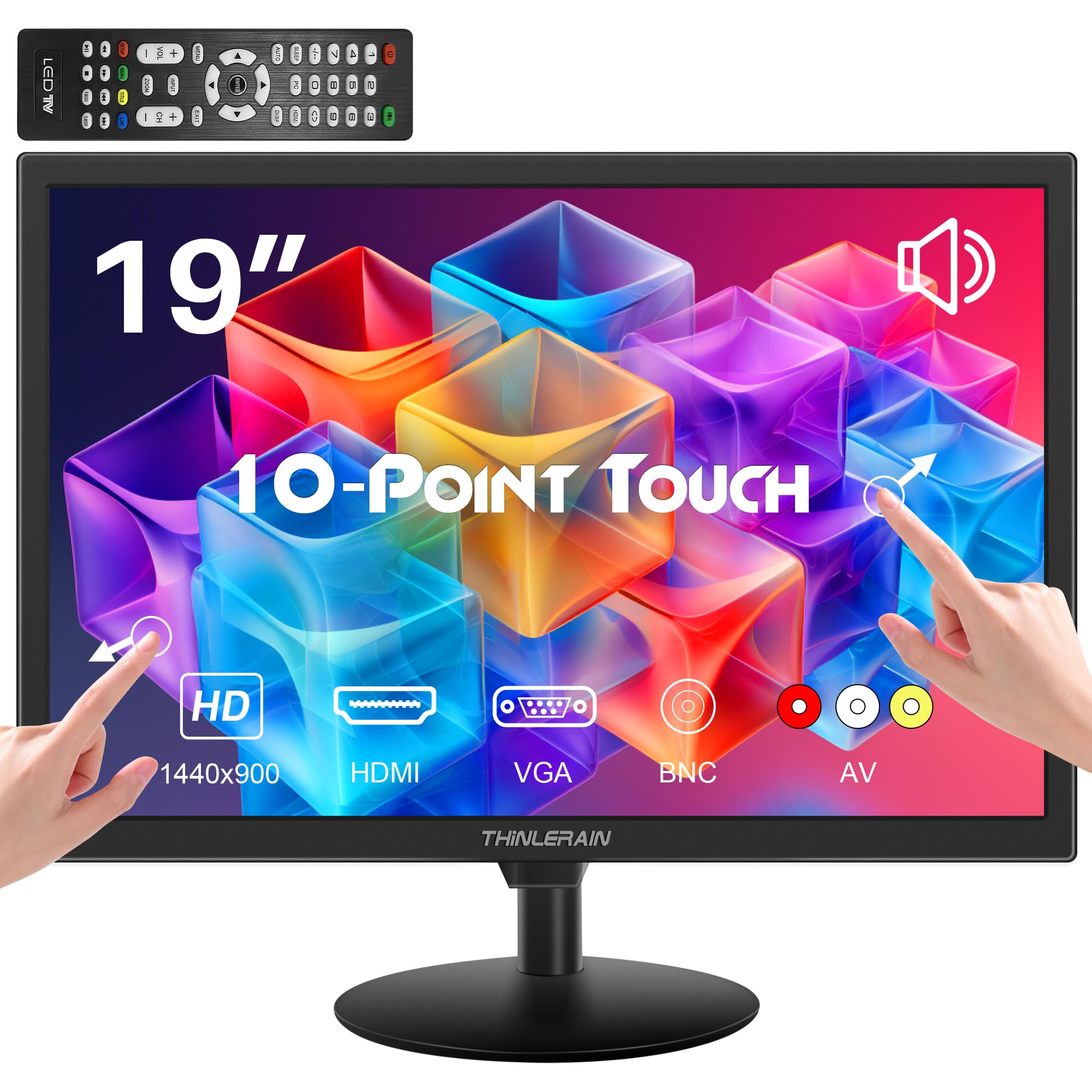 19 Zoll Touchscreen Monitor – 10-Punkt Multitouch, 1440x900 HD Bildschirm Display, HDMI VGA AV BNC USB, VESA, integrierte Lautsprecher – Computer Monitor für POS, Büro, Industrie