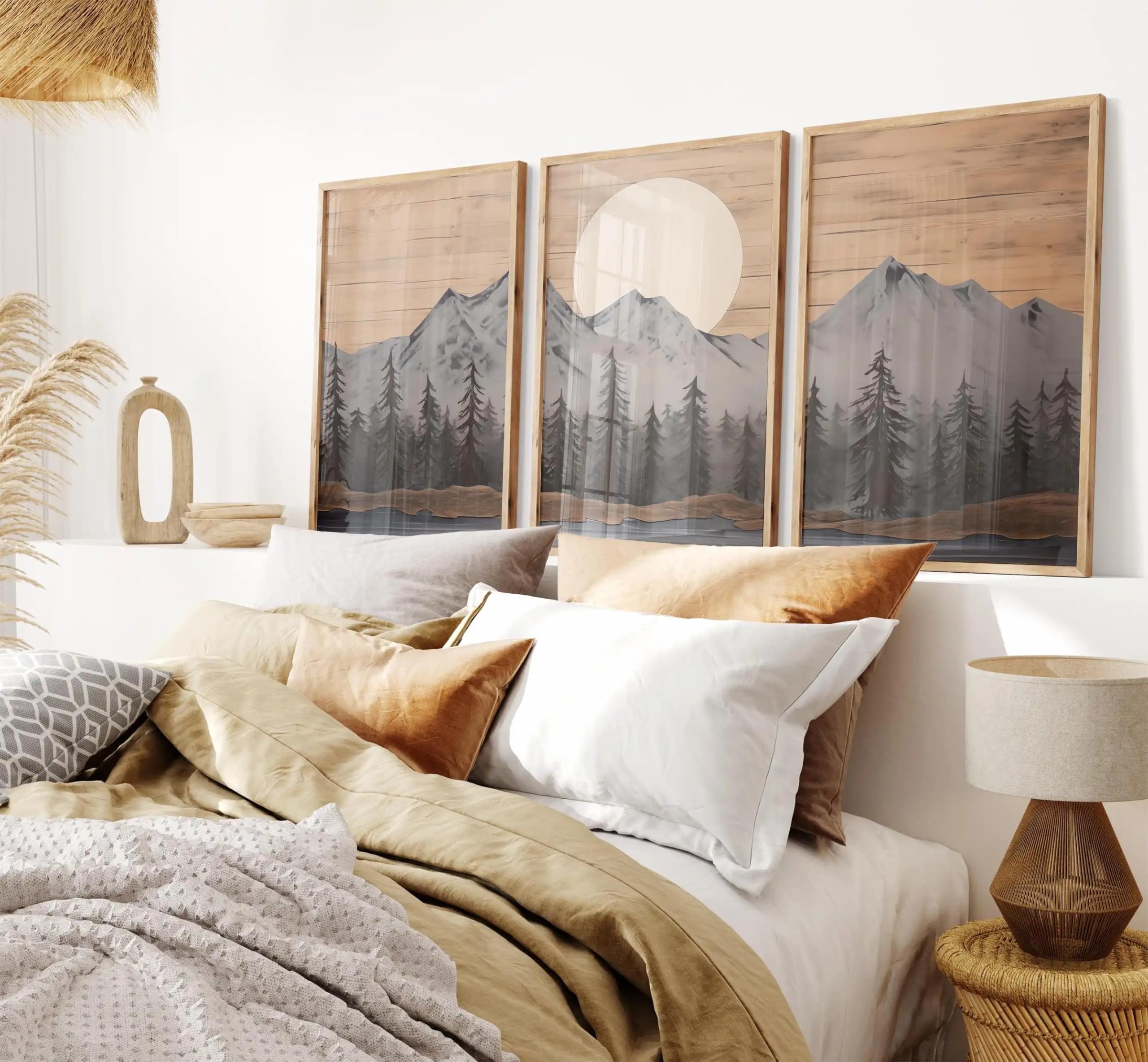 GOSRD Canvas Wall Art Woodland Mountain Rustic Pine Forest Prints, Neutral Moonlit Landscape Decor For Modern Home Nature(35x50cm-3Pcs)