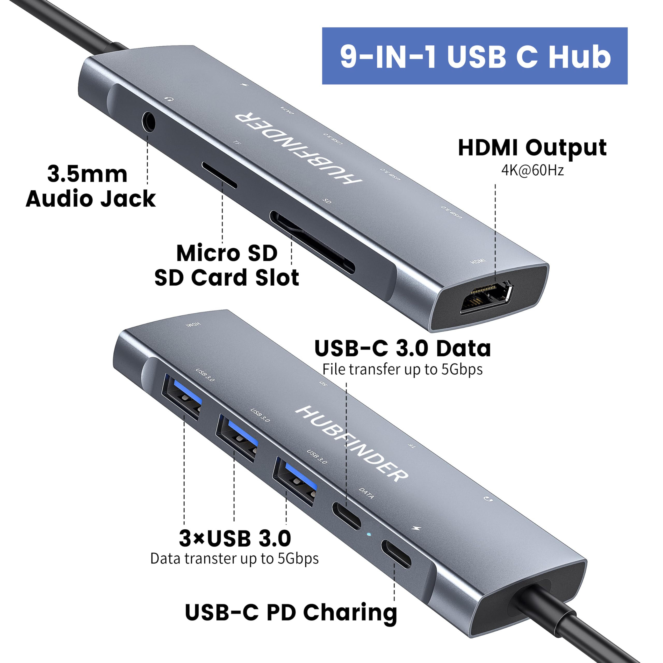 Hub USB C, HUBFINDER 9 in 1 da USB C a HDMI con 4K, alimentazione da 100 W, 3 porte USB 3.0 e USB-C 5 Gbps, lettore di schede SD/TF, jack per cuffie da 3,5 mm, per MacBook Air, MacBook Pro, iPad Pro