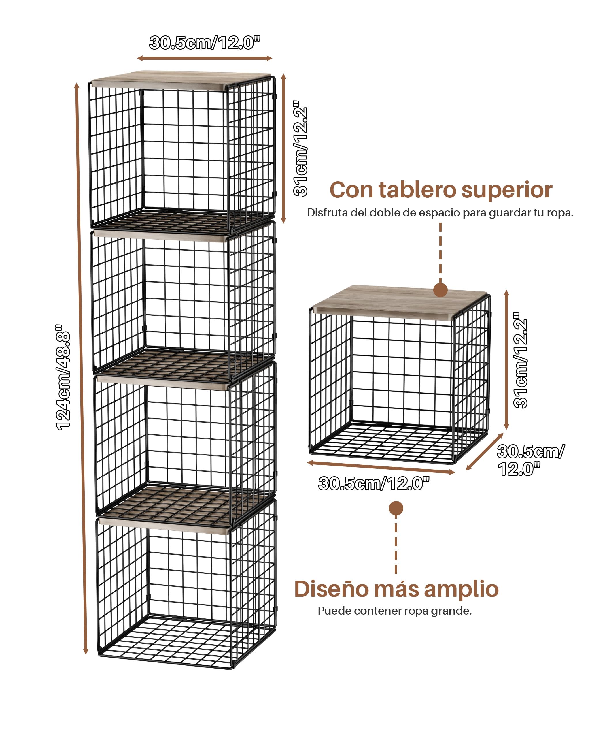 UMDONX Organizador Armario de 4 Piezas | con Apilable Separadores Armario Metal-Estanteria Cubos Negro-30.5x30.5x31CM