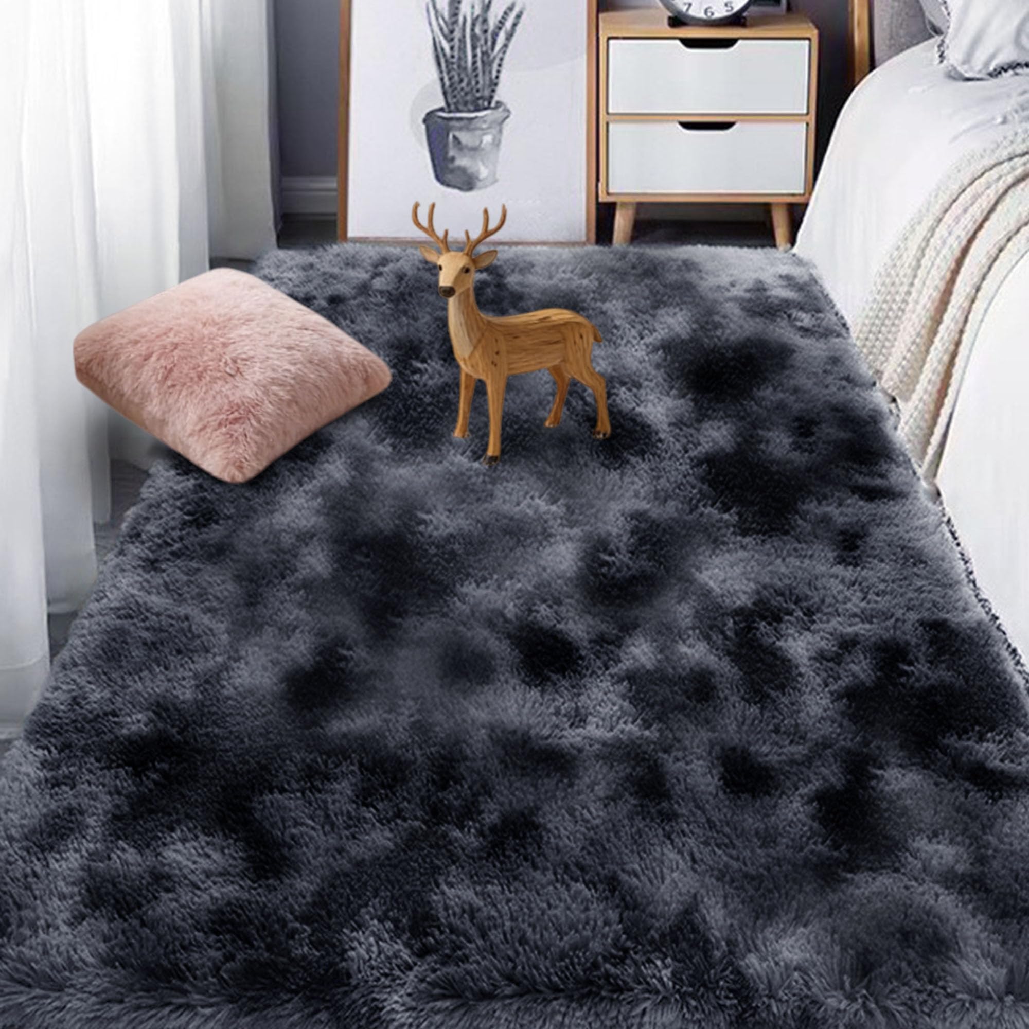 Tapis lavable en machine 240x340 cm antidérapant grand tapis pelucheux gris foncé