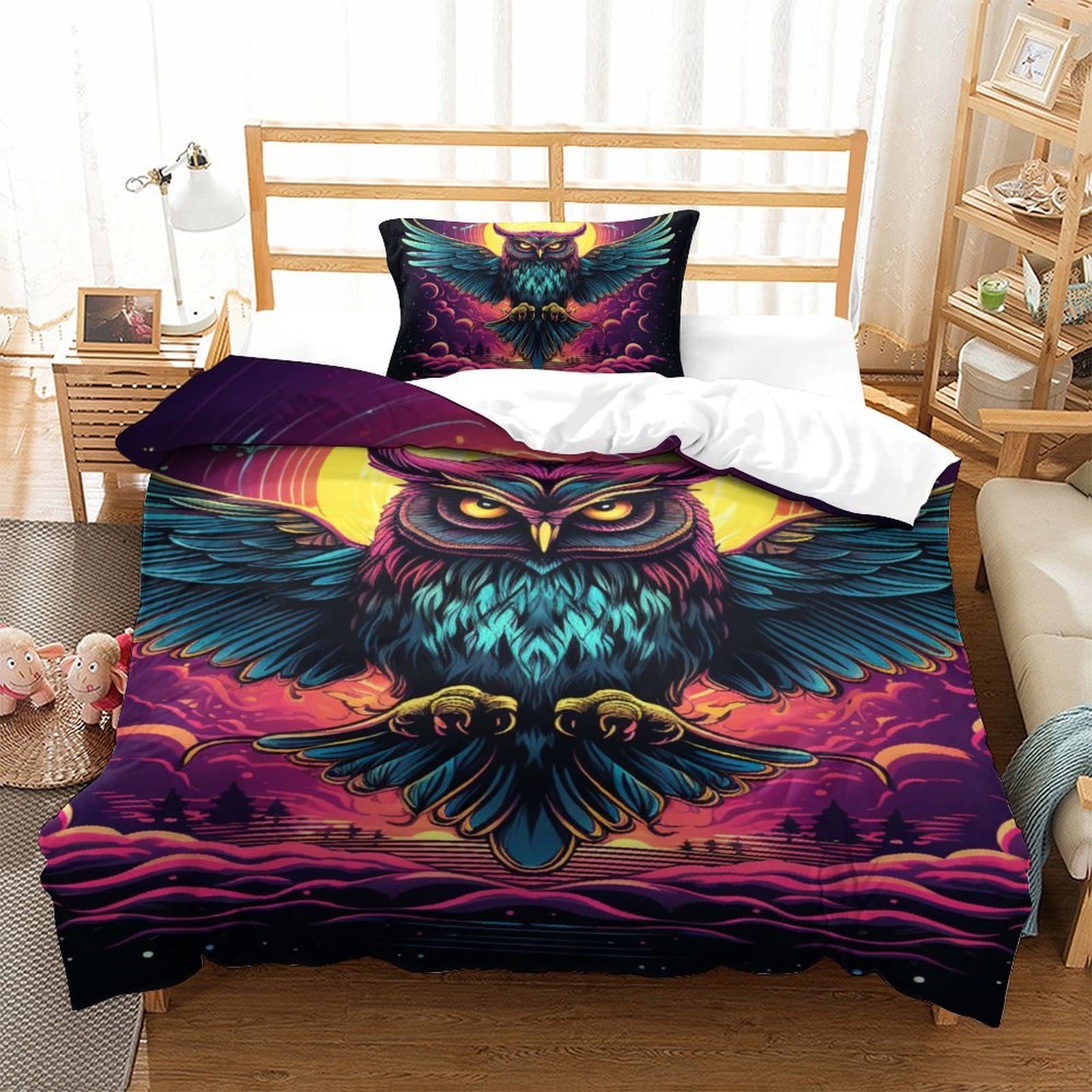 Housse de couette chouette 3D en microfibre 135x200cm pour lit simple enfant