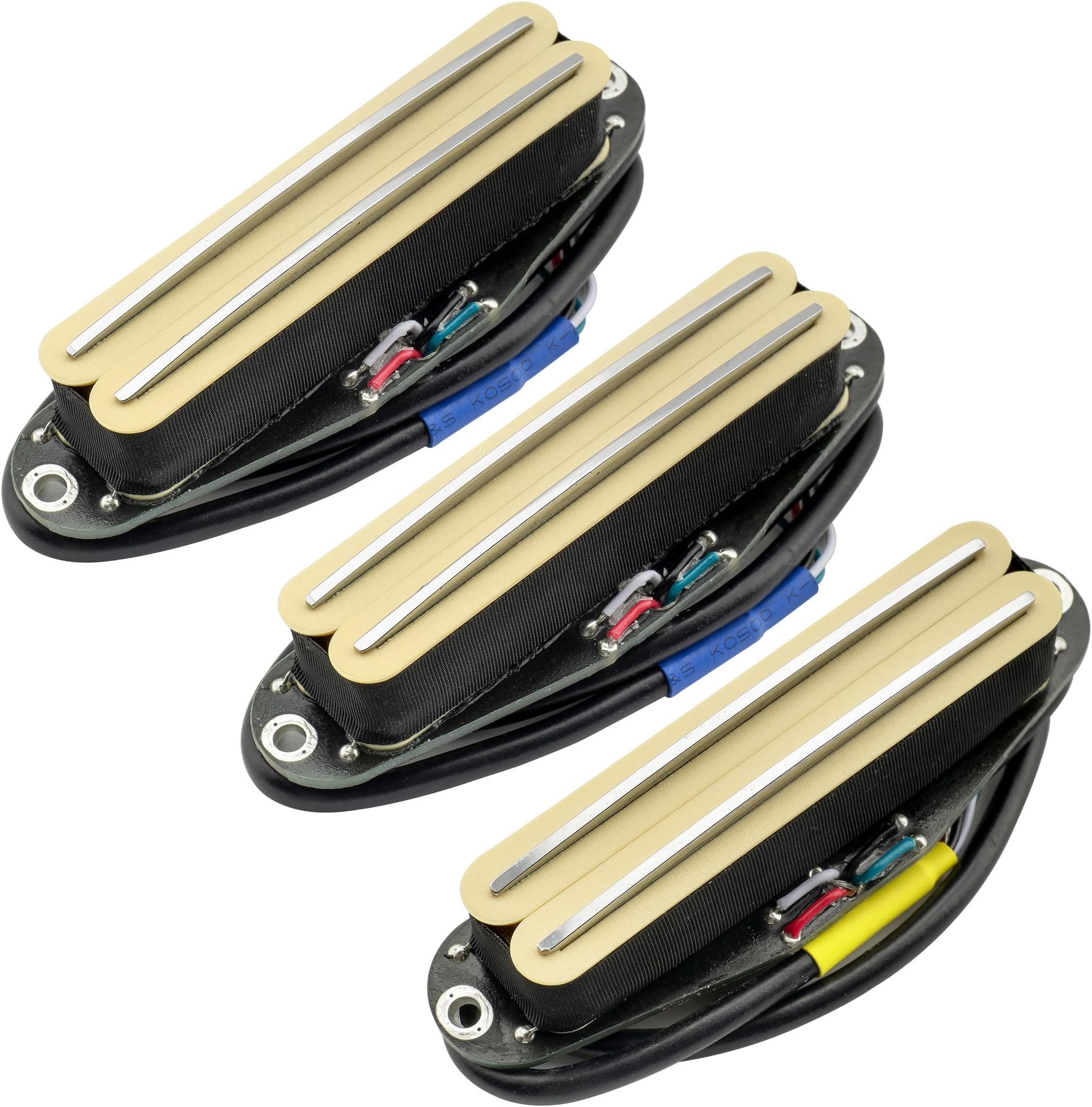 Pro ST-DPHC Ceramic Dual Single Coil Sized Humbucker Super Distortion Neck Middle Bridge Pickups Set for Strat Style Electric Guitar, Cream Body Chrome Rail