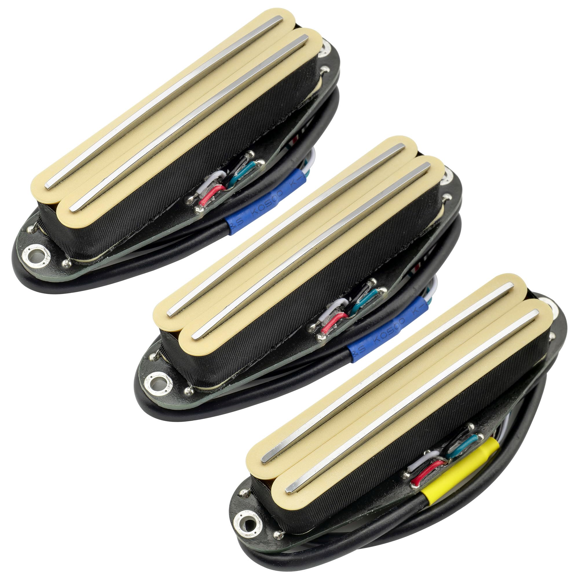 Musiclily Pro ST-DPHC Ceramic Dual Single Coil Sized Humbucker Super Distortion Neck Middle Bridge Pickups Set for Strat Style Electric Guitar, Cream Body Chrome Rail