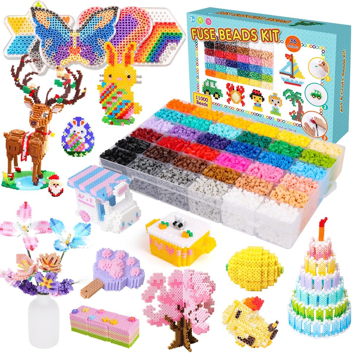 MerryXGift Fuse Beads Set, 11000pcs 36 Colours 5mm Iron Beads for Boys Girls DIY Craft Birthday Gifts