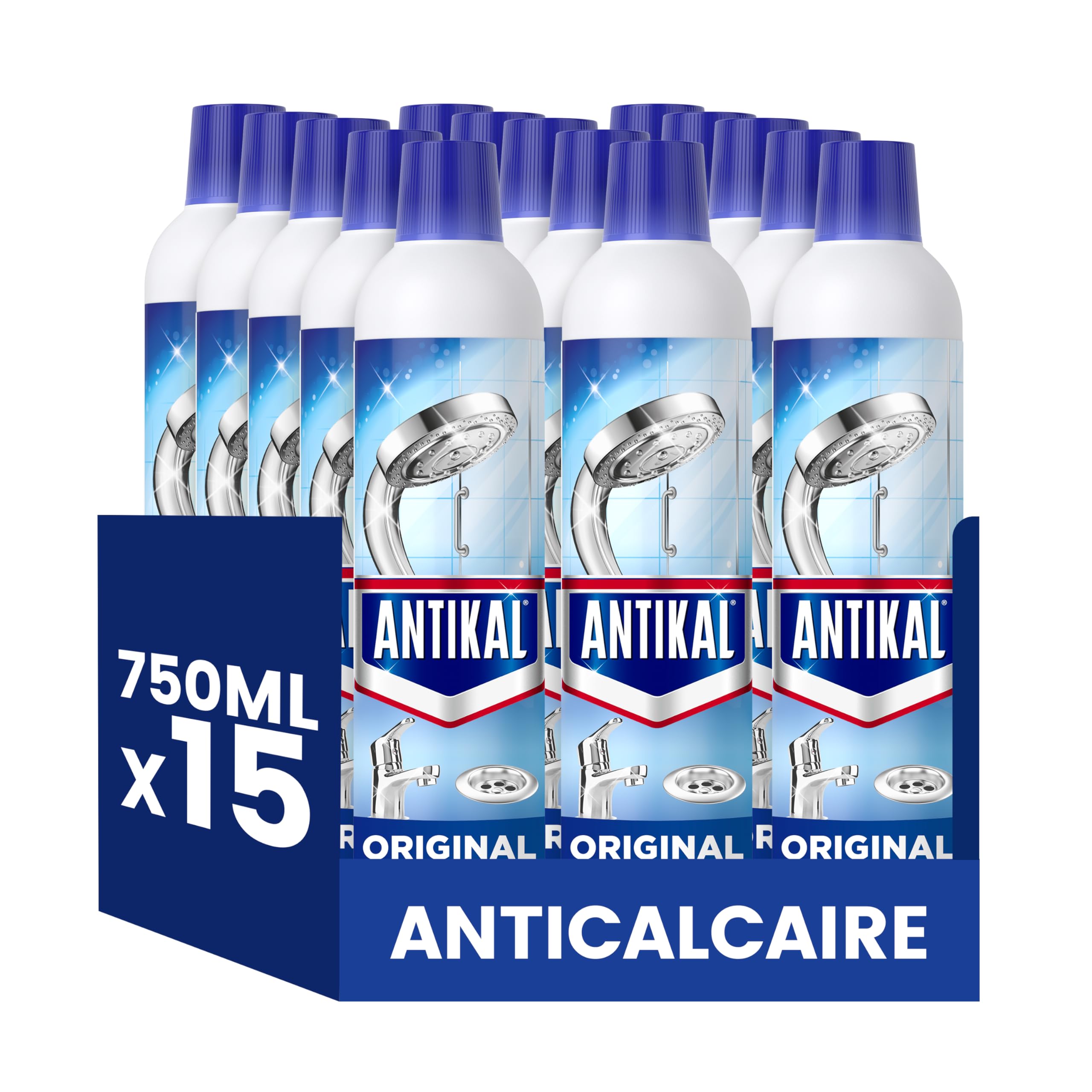 Antikal Gel pour Salle de Bain (750ml x15), Technologie Anti-Gouttes, Élimine Jusqu’à 99.99% Du Calcaire, Parfum Classique