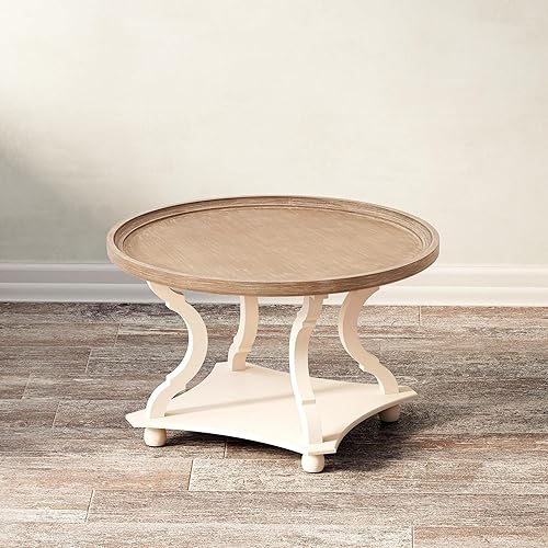 Miniatura 2 de Mesa auxiliar redonda de granja con acabado hecho a mano, bandeja de madera con parte superior rústica para mayor grosor, mesa auxiliar con