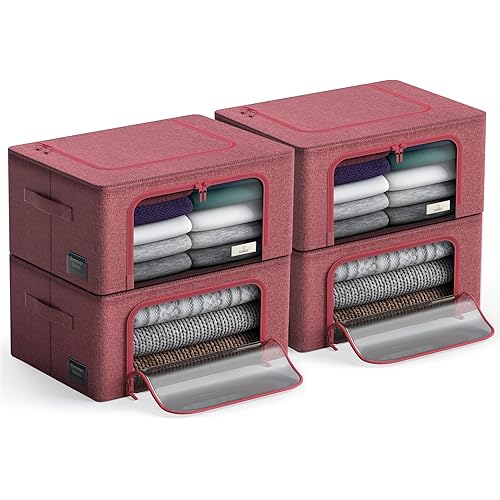 Sorbus Storage Bins with Metal Frame - Stackable & Foldable Clothes Organizer Bags - Oxford Fabric Storage Containers with Large Clear Window & Carry Handles, Bedroom Organization for Bedding & Linen