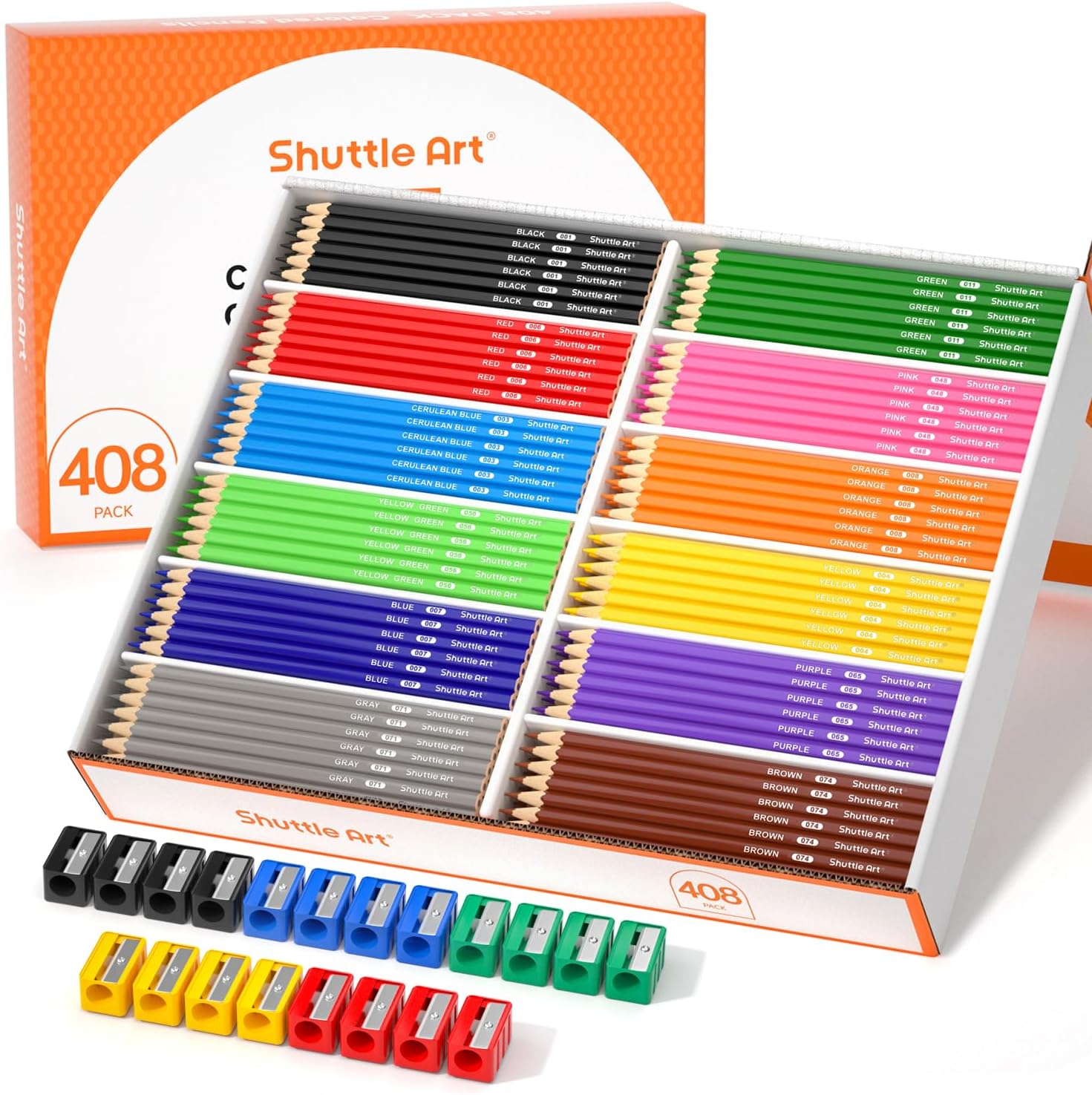 Shuttle Art 408 Pack Colouring Pencils Bulk, Coloured Pencil Set for School Plus 20 Sharpeners, 12 Colours School Pack Colouring Pencils for Kids, Class pack School Supplies