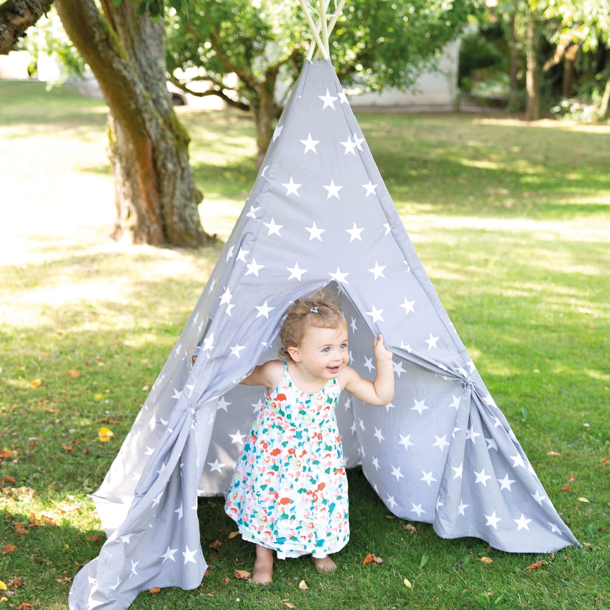 roba Spielzelt 'Little Stars' inkl. Bodenunterlage und Tragetasche - Wigwam für Kinderzimmer und Outdoor - Grau / Weiß