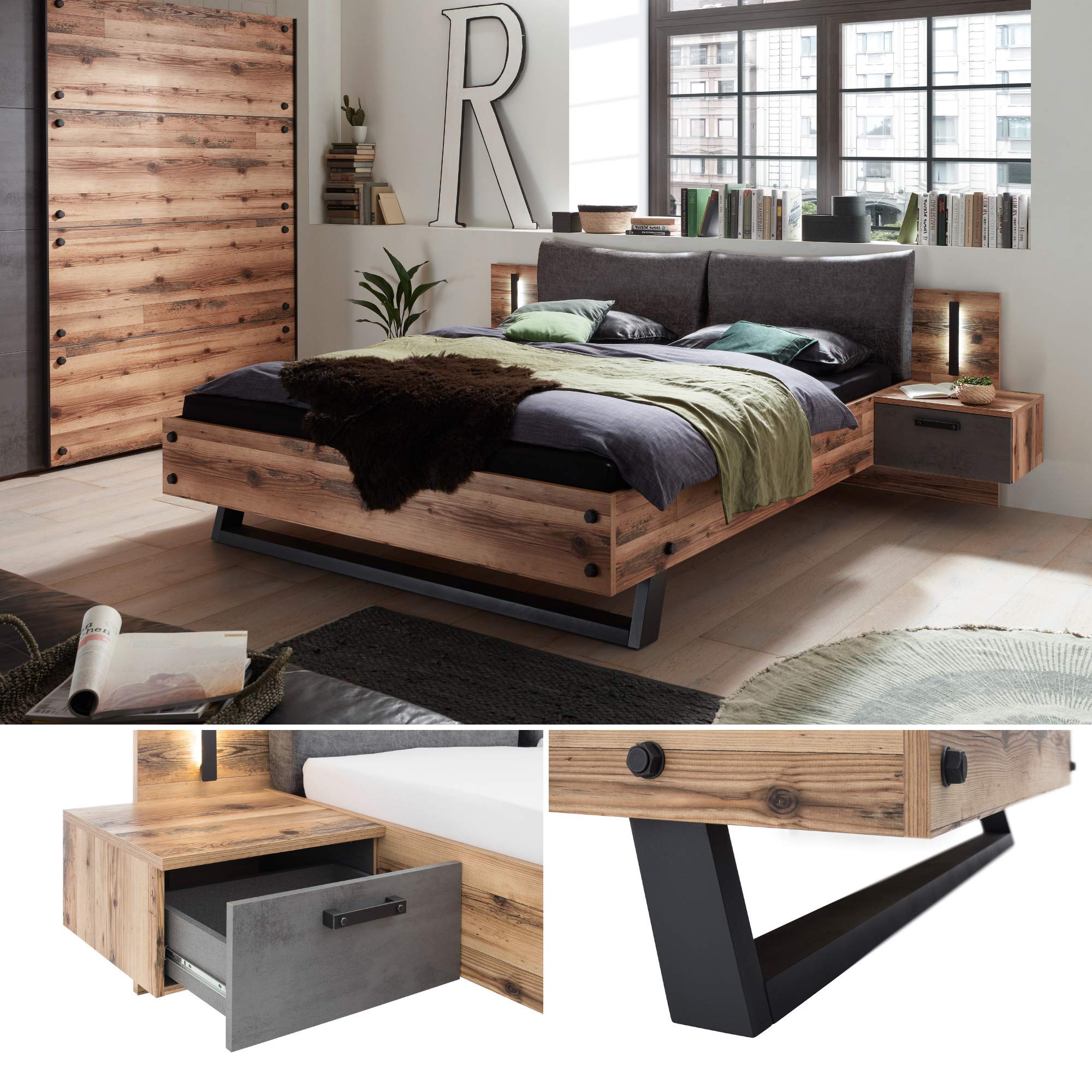 Stella Trading DOVER Stilvolle Doppelbett Bettanlage mit Nachtkommoden & LED-Beleuchtung 180 x 200 cm - Schlafzimmer Komplett-Set in Alpine Lodge Optik, Betonoxid - 289 x 97 x 216 cm (B/H/T)