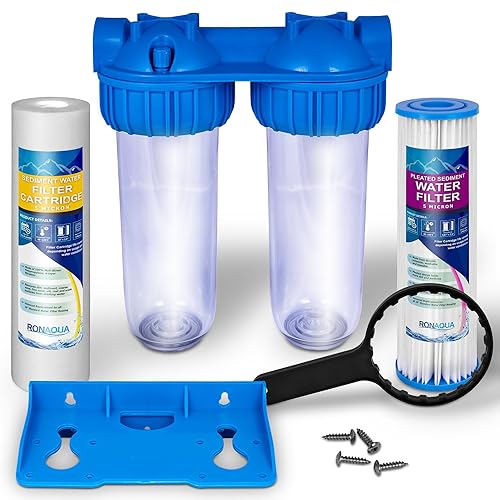 Sistema de filtro de agua dual para toda la casa, carcasas estándar transparentes, botón de alivio de prensatelas, puerto de latón de entradasalida