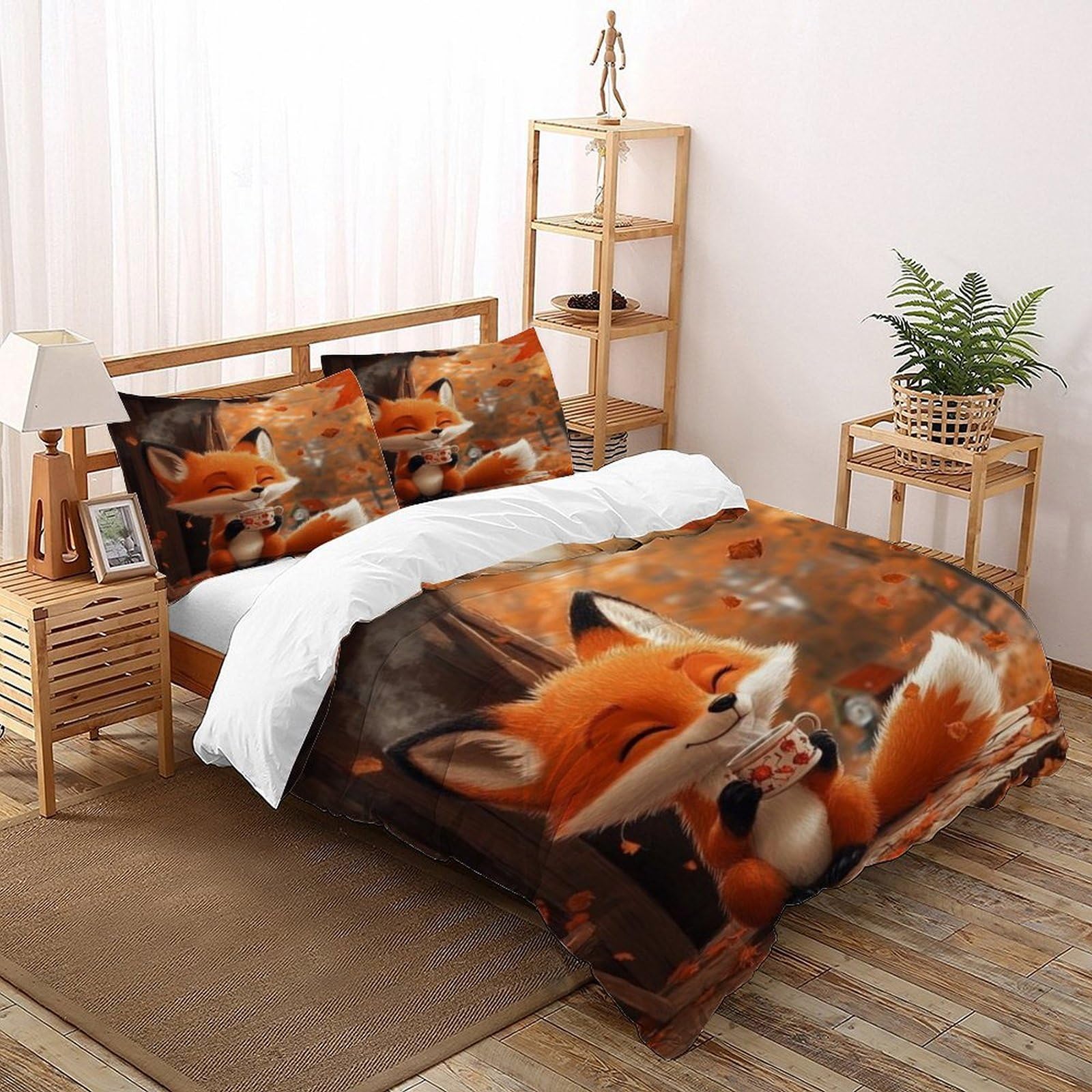 Fox Autumn Bedding Set Theme Bedspread Animal Themes Wildlife Duvet Cover Set Microfiber Comforter Cover Suitable for Family,couple,children Pillowcase Double（200x200cm）