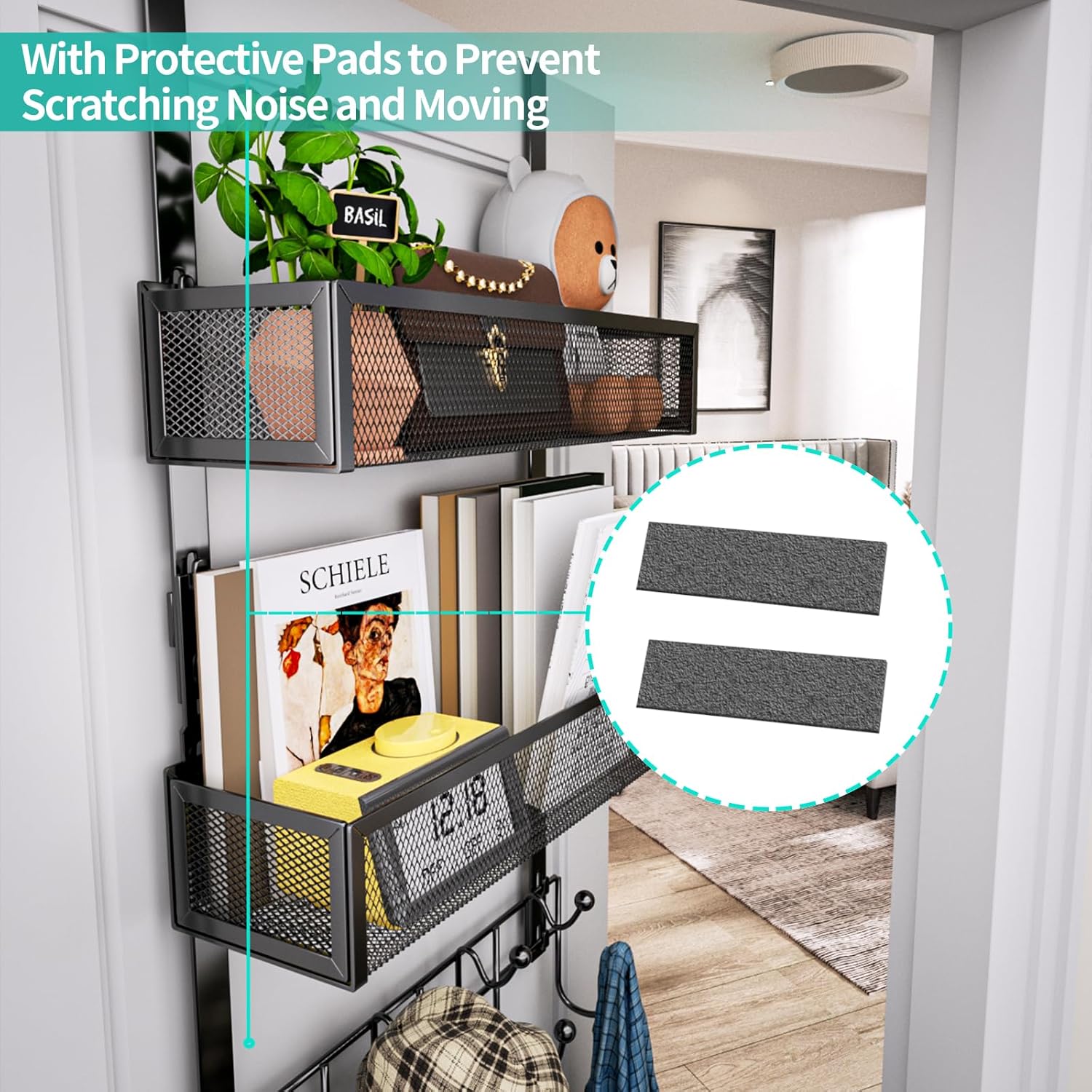 HapiRm Over the Door Hanger with Coat Hooks and 2 Baskets, Rustproof & Waterproof Over the Door Hooks, Storage Organizer for Hats, Bathroom, Kitchen, Bedroom, RV, Camper-Black (for 1.76in Doors)