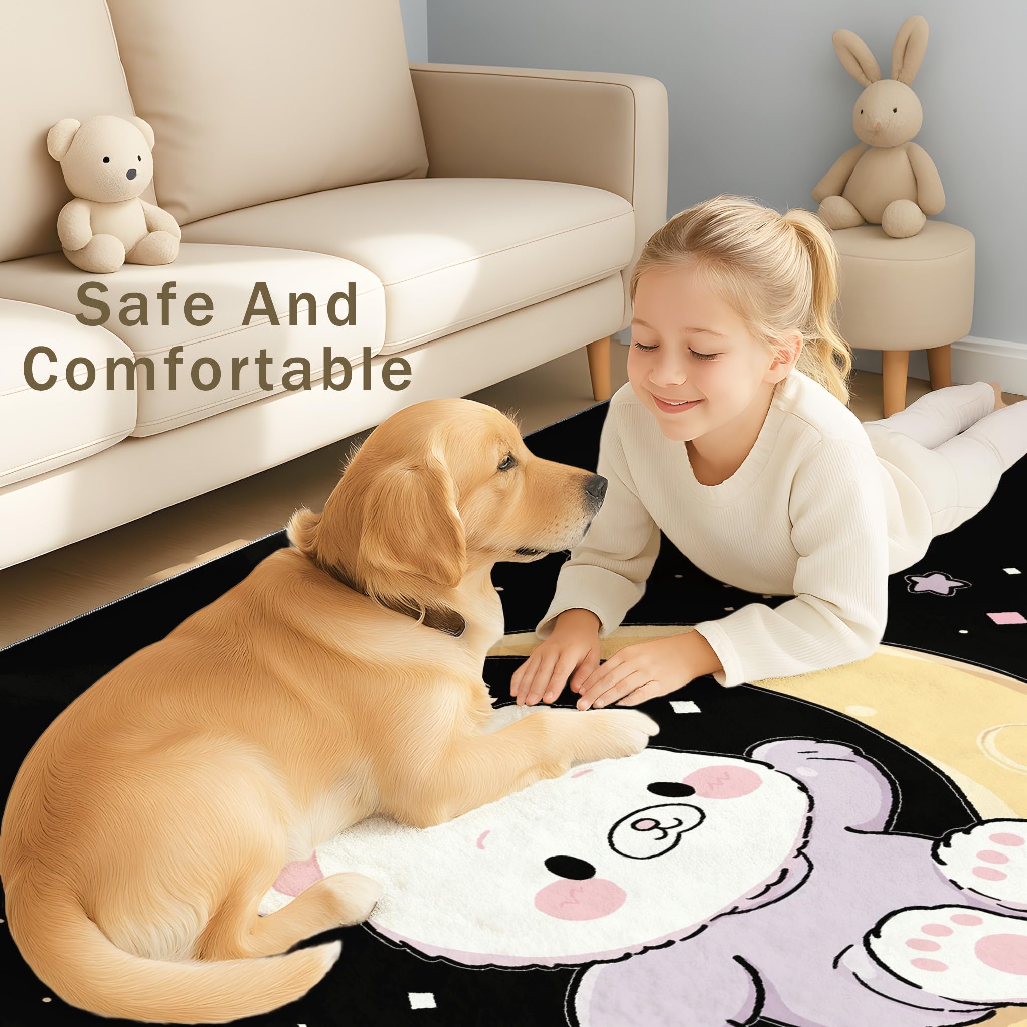 Generisch 80 x 150 cm Teppich Fantasy Cartoon Traumhaft Teppiche Mond Teddybär Schwarz Teppiche & Klettverschluss Maschinenwaschbar für Dekoration Schlafzimmer Kinderzimmer Wohnzimmer